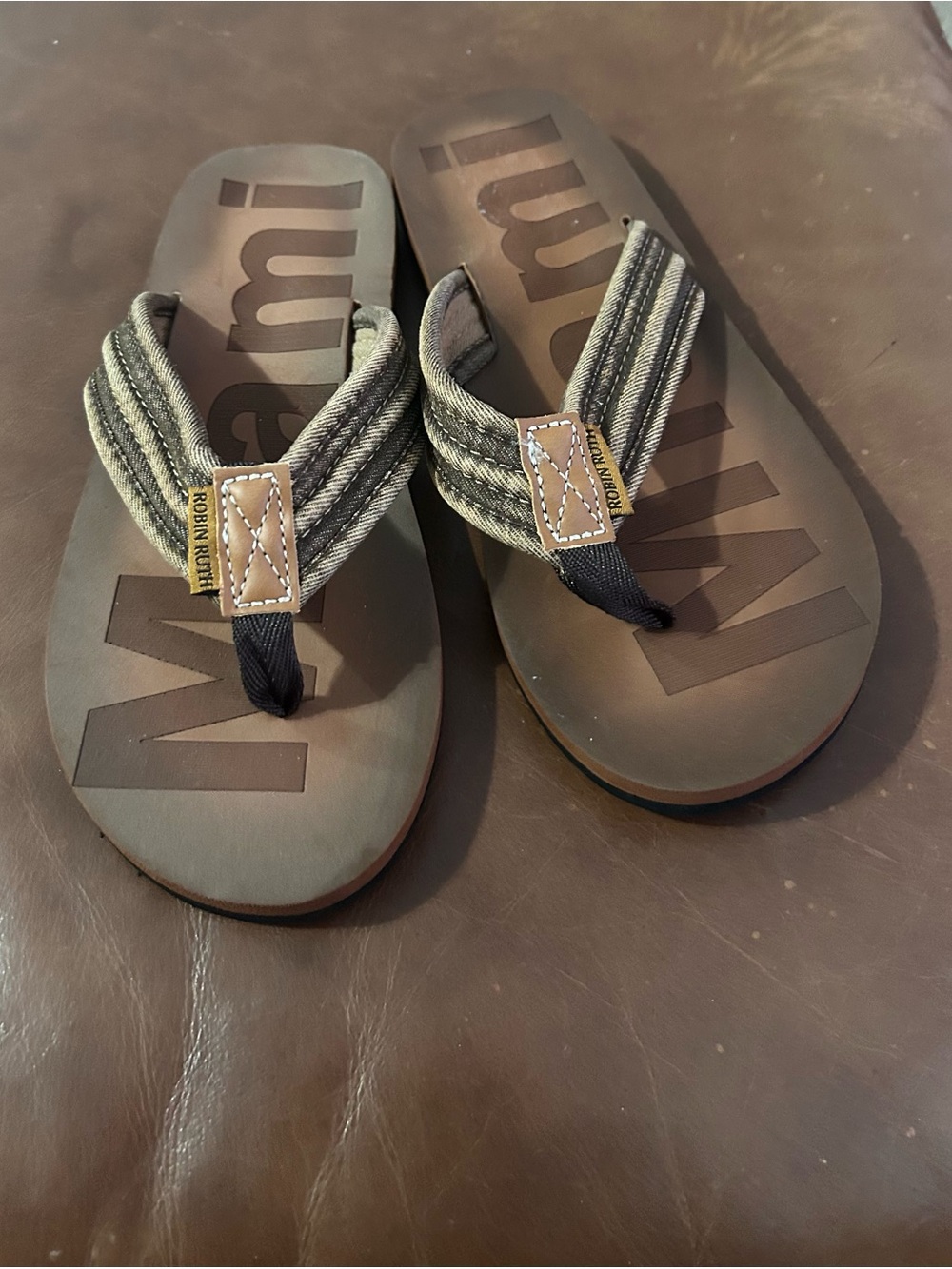 Robin Ruth Brown and Olive Striped Fabric Thong Sandals 10.5 M